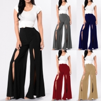 Fashion Solid Color High Waist Slit Hem Wide-leg Pants