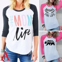 Fashion Letters Printed 3/4 Sleeve Round Neck Contrast Color T-shirt