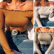 Sexy Off-shoulder Boat Neck Long Sleeve Solid Color Crop Top