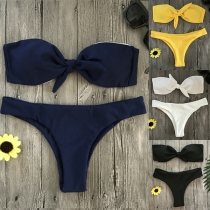 Sexy Solid Color Knotted Bowknot Bandeau Bikini Set