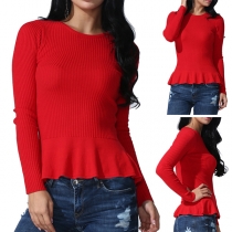 Fashion Solid Color Long Sleeve Round Neck Ruffle Hem Knit Top