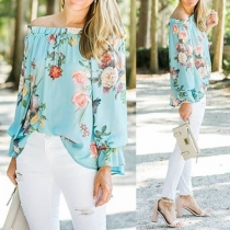 Sexy Off-shoulder Boat Neck Long Sleeve Printed Top