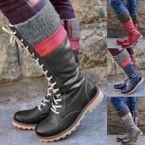 Fashion Solid Color Flat Heel Round Toe Lace-up Snow Boots
