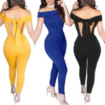 Sexy Off-shoulder Boat Neck Lace-up Bowknot Backless High Waist Tight Jumpsuit