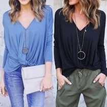 Fashion Solid Color Long Sleeve V-neck Knotted T-shirt