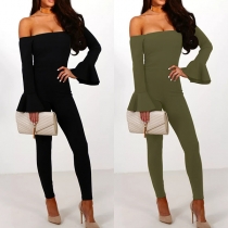 Sexy Off-shoulder Boat Neck Trumpet Sleeve Solid Color Tight Jumpsuit