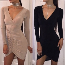 Sexy Deep V-neck Long Sleeve Irregular Hem Solid Color Tight Dress