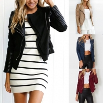 Punk Style PU Leather Spliced Long Sleeve Lapel Solid Color Jacket