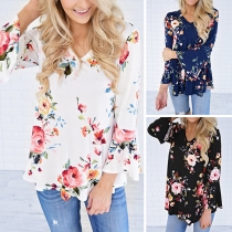 Fresh Style Trumpet Sleeve V-neck Printed Blouse