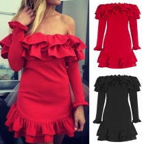 Sexy Off-shoulder Boat Neck Long Sleeve Solid Color Ruffle Dress