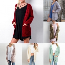 Simple Style Long Sleeve Open-front Solid Color Knit Cardigan 