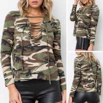 Sexy Lace-up Deep V-neck Long Sleeve Camouflage Printed T-shirt