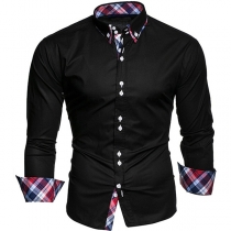 Fashion Contrast Color Long Sleeve POLO Collar Dots Printed Men's Shirt