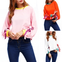 Fashion Contrast Color Lace-up Puff Sleeve Round Neck Sweatshirt