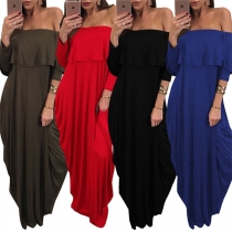 Sexy Off-shoulder Boat Neck Long Sleeve Ruffle Solid Color Party Dress