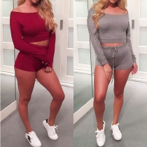 Sexy Off-shoulder Boat Neck Long Sleeve T-shirt + Shorts Two-piece Set