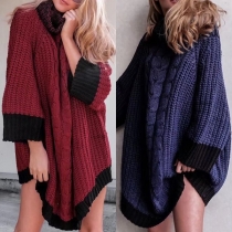 Fashion Contrast Color Turtleneck Long Sleeve High-low Hem Loose Sweater