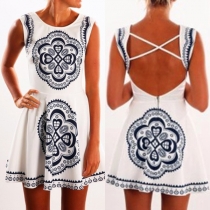Sexy Backless Sleeveless Round Neck Printed Dress