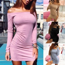 Sexy Off-shoulder Boat Neck Long Sleeve Solid Color Bodycon Dress
