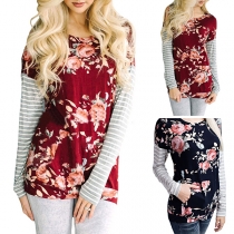 Fashion Striped Spliced Long Sleeve Round Neck Printed T-shirt