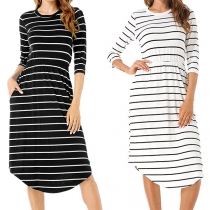 Fashion 3/4 Sleeve Round Neck Elastic Waist Striped Dress