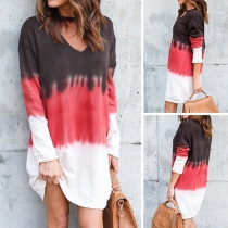 Fashion Contrast Color Long Sleeve V-neck Sweatshirt Dress