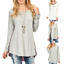 Fashion Contrast Color Long Sleeve Round Neck High-low Hem T-shirt