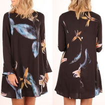 Fashion Trumpet Sleeve Round Neck Loose Printed Dress