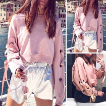 Chic Style Keyhole Lace-up Long Sleeve Round Neck Solid Color Sweatshirt