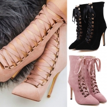 Sexy Pointed Toe High-heeled Hollow Out Lace-up Stilettos Ankle Boots