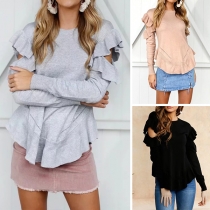 Sweet Style Hollow Out Long Sleeve Round Neck Solid Color Ruffle Knit Top 