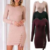 Fashion Solid Color Long Sleeve Round Neck Lace-up Hem Slim Fit Knit Dress