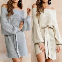 Sexy Off-shoulder Boat Neck Long Sleeve Solid Color Sweater Dress