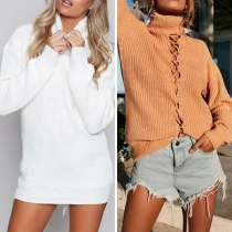 Chic Style Long Sleeve Turtleneck Lace-up Solid Color Sweater