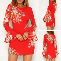 Fashion Trumpet Sleeve Round Neck Slim Fit Printed Dress