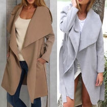 Fashion Solid Color Long Sleeve Lapel Coat with Waist Strap