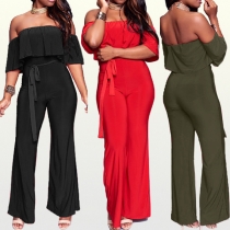 Sexy Off-shoulder Boat Neck High Waist Solid Color Ruffle Jumpsuit