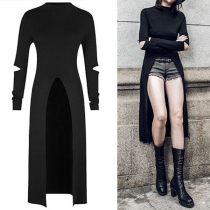 Chic Style Hollow Out Long Sleeve Slit Hem Solid Color T-shirt 