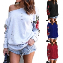 Sexy Oblique Shoulder Rose Embroidered Long Sleeve Ripped Sweatshirt 