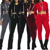 Sexy Long Sleeve Hooded Crop Top + High Waist Pants Sports Suit 