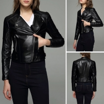 Fashion Solid Color Long Sleeve Lapel Slim Fit PU Leather Jacket
