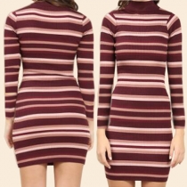 Fashion Solid Color Long Sleeve Turtleneck Slim Fit Striped Sweater Dress