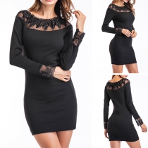 Elegant Solid Color Long Sleeve Slim Fit Lace Spliced Party Dress