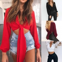 Sexy Backless Deep V-neck Long Sleeve Solid Color Knotted Top