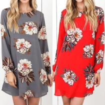 Fashion Lantern Sleeve Round Neck Hollow Out Printed Dress