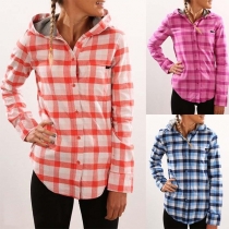 Fashion Long Sleeve Hooded Plaid Shirt