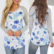 Fashion Striped Spliced Long Sleeve Round Neck Printed T-shirt