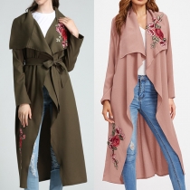 Fashion Long Sleeve Lapel Embroidery Cardigan Coat with Waist Strap