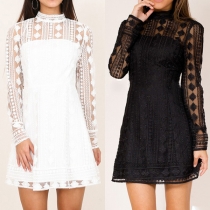 Sexy Backless Hollow Out Lace Spliced Long Sleeve A-line Dress