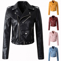 Fashion Solid Color Long Sleeve Oblique Zipper Slim Fit PU Leather Jacket
